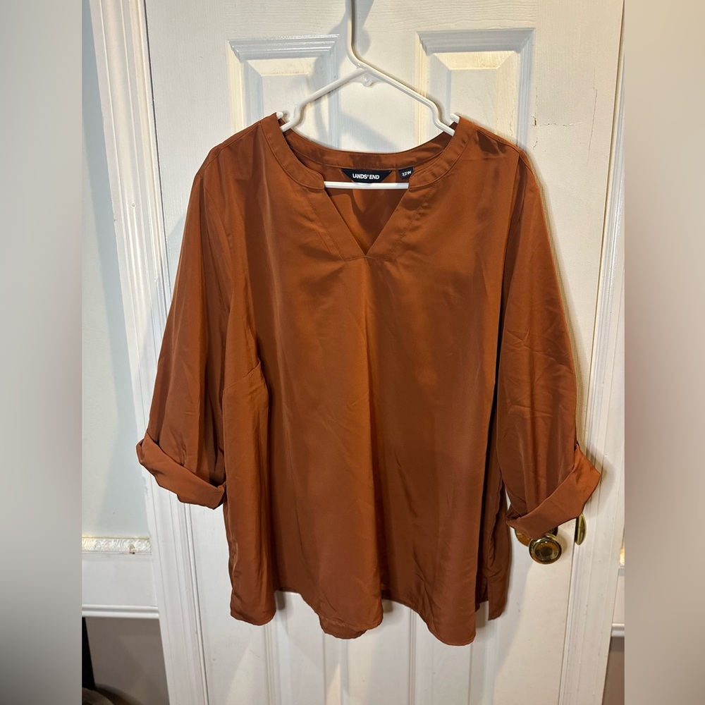 Lands’ End Women’s Cinnamon Brown Blouse Roll Tab Sleeves‎ 22W